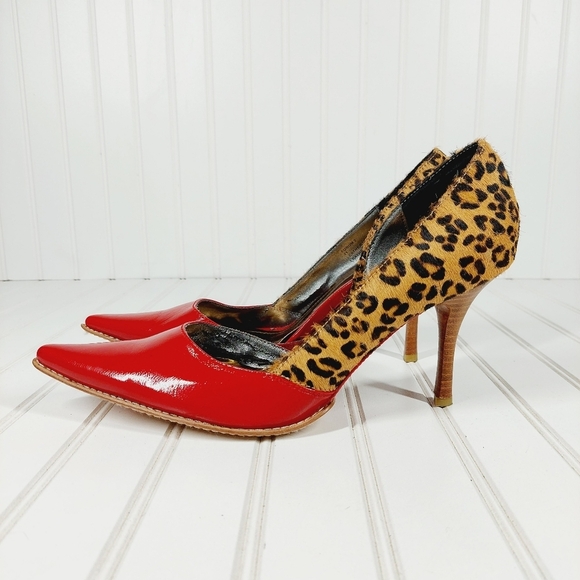 Cindy Forum 2 Dorsay Stiletto Heels Shoes Red Leopard Print Leather H147 - Picture 1 of 14